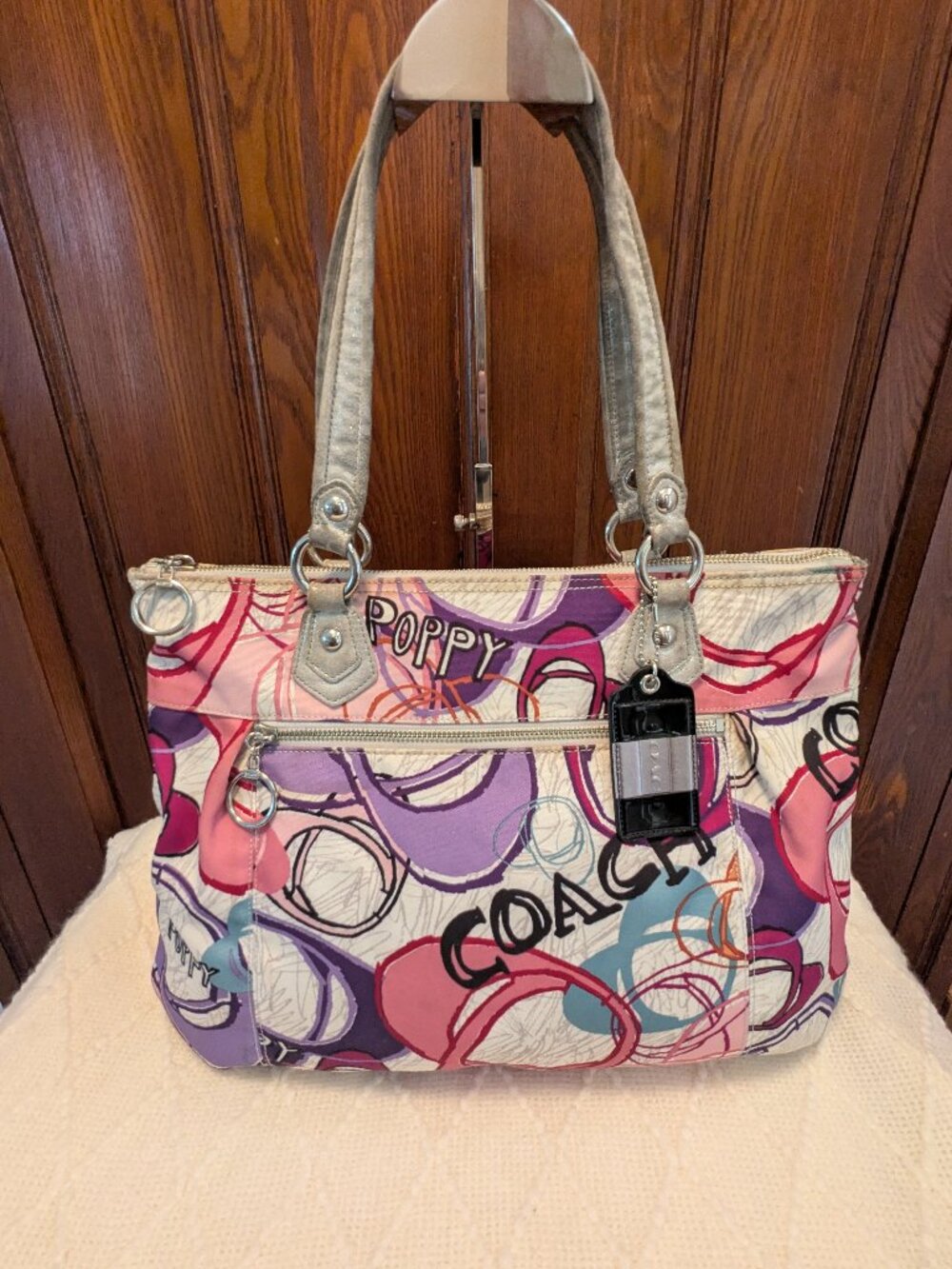 COACH Poppy Multi Heart PINK PURPLE Large Glam Tote Bag 17929M